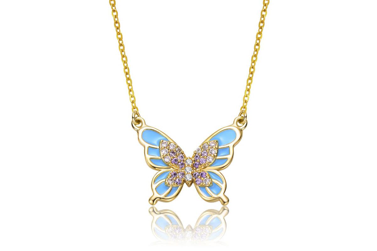 Lab Created 14K Gold Plated with Amethyst Cubic Zirconia & Blue Topaz Enamel Butterfly Pendant Necklace for Kids