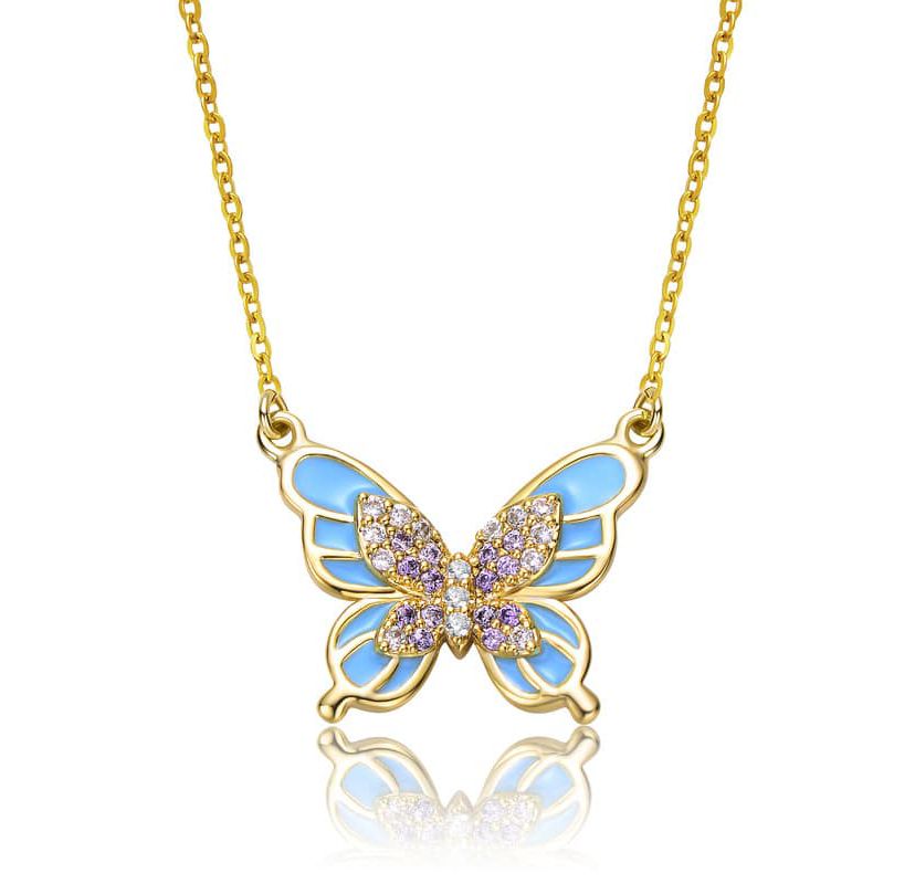 Lab Created 14K Gold Plated with Amethyst Cubic Zirconia & Blue Topaz Enamel Butterfly Pendant Necklace for Kids