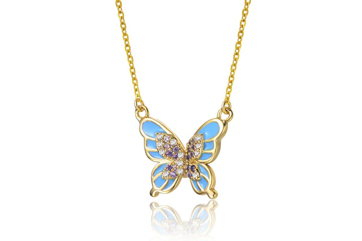 Lab Created 14K Gold Plated with Amethyst Cubic Zirconia & Blue Topaz Enamel Butterfly Pendant Necklace for Kids