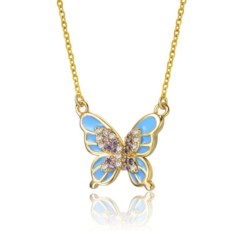 Lab Created 14K Gold Plated with Amethyst Cubic Zirconia & Blue Topaz Enamel Butterfly Pendant Necklace for Kids