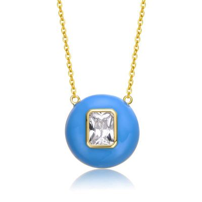 Rozzato Lab Created 14K Gold Plated with Clear Cubic Zirconia & Blue Enamel Small Round Pendant Necklace for Kids