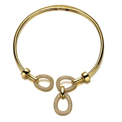 Rozzato Lab Created 14K Gold Plated with Clear Cubic Zirconia Modern Triple Mesh Drop Open Collar Choker Necklace