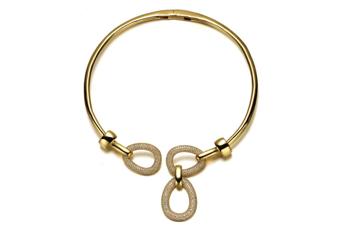 Lab Created 14K Gold Plated with Clear Cubic Zirconia Modern Triple Mesh Drop Open Collar Choker Necklace