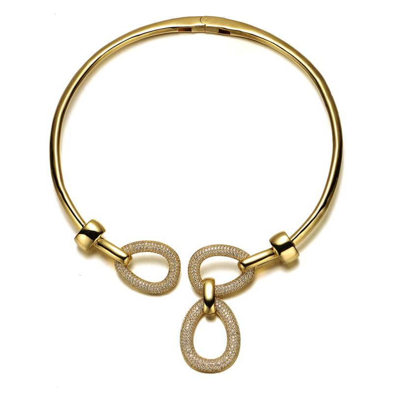 Lab Created 14K Gold Plated with Clear Cubic Zirconia Modern Triple Mesh Drop Open Collar Choker Necklace