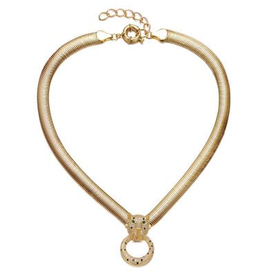 Rozzato Lab Created 14K Gold Plated with Emerald Green Cubic Zirconia Panther Head Door Knocker Chain Necklace