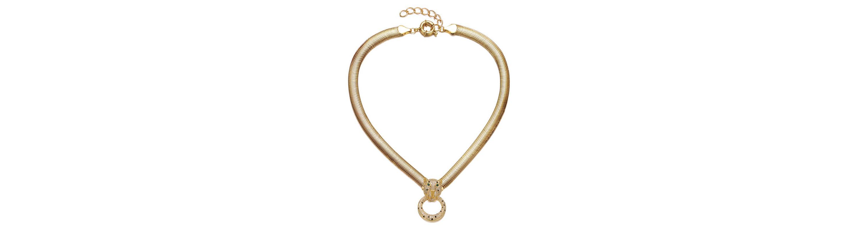 Lab Created 14K Gold Plated with Emerald Green Cubic Zirconia Panther Head Door Knocker Chain Necklace