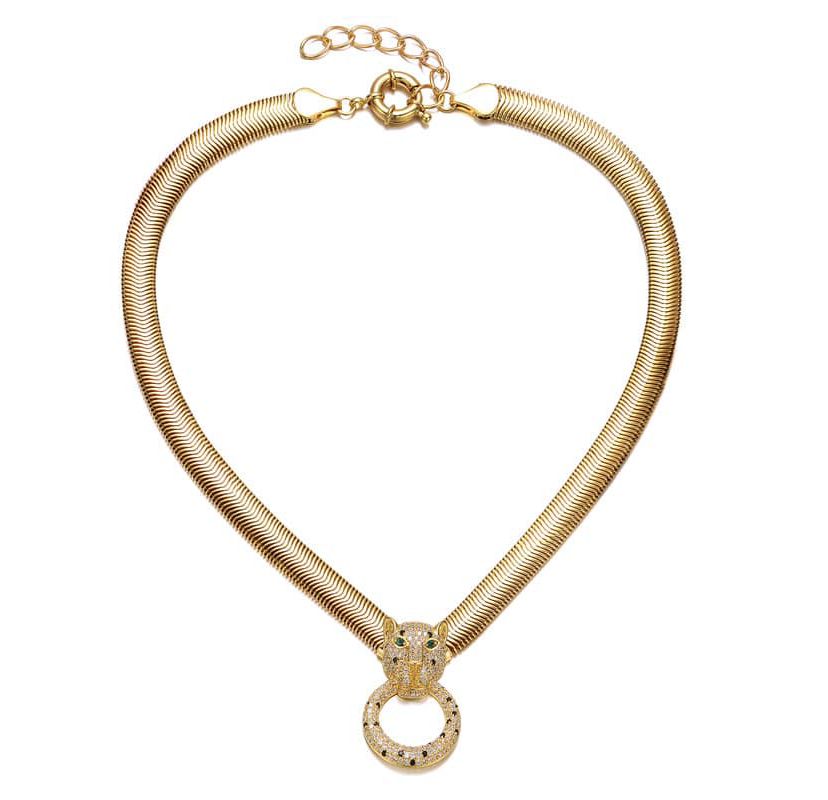 Lab Created 14K Gold Plated with Emerald Green Cubic Zirconia Panther Head Door Knocker Chain Necklace