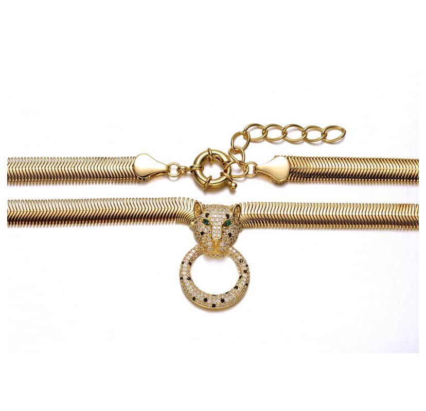 Lab Created 14K Gold Plated with Emerald Green Cubic Zirconia Panther Head Door Knocker Chain Necklace