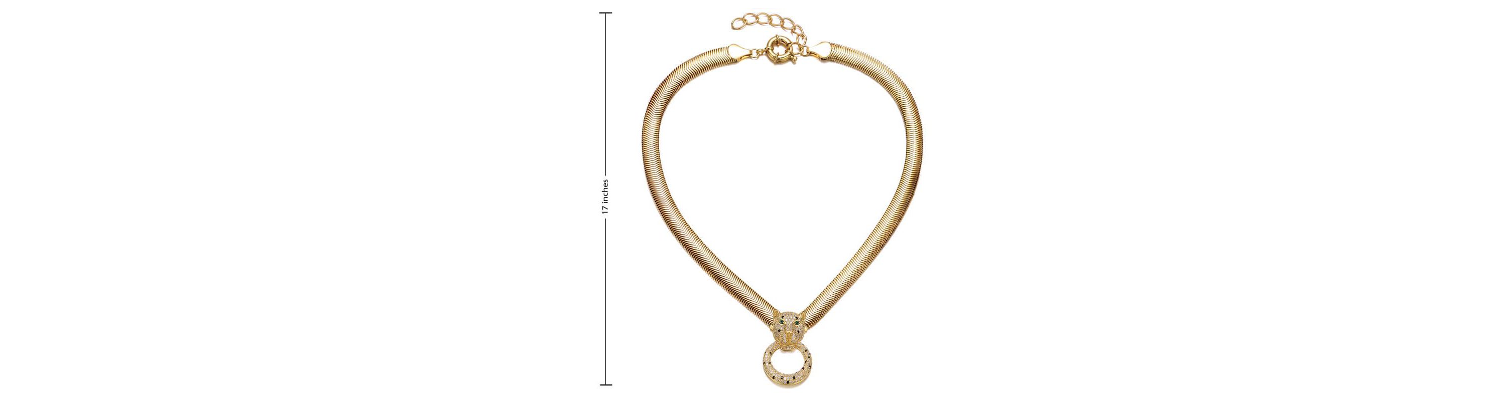 Lab Created 14K Gold Plated with Emerald Green Cubic Zirconia Panther Head Door Knocker Chain Necklace