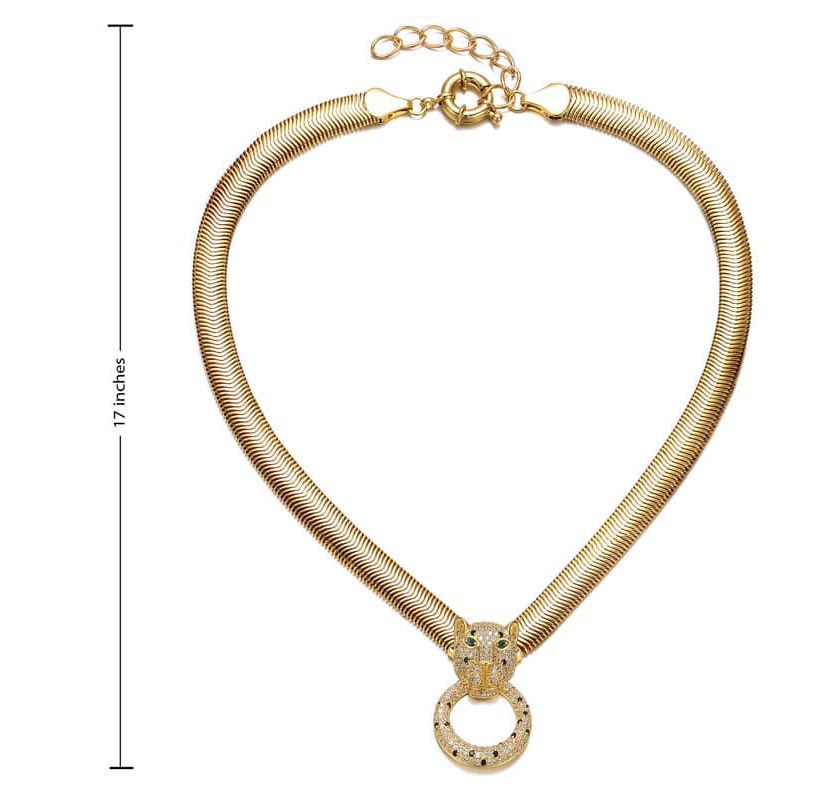 Lab Created 14K Gold Plated with Emerald Green Cubic Zirconia Panther Head Door Knocker Chain Necklace