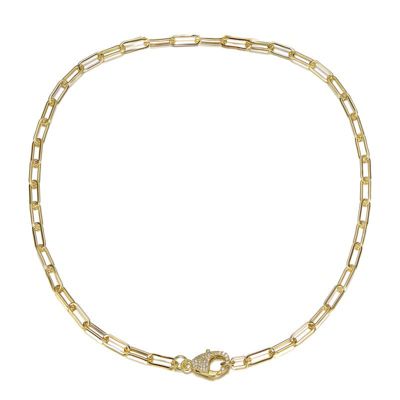 Rozzato Lab Created 14K Gold Plated with Clear Cubic Zirconia Pave Clasp Paperclip Link Necklace
