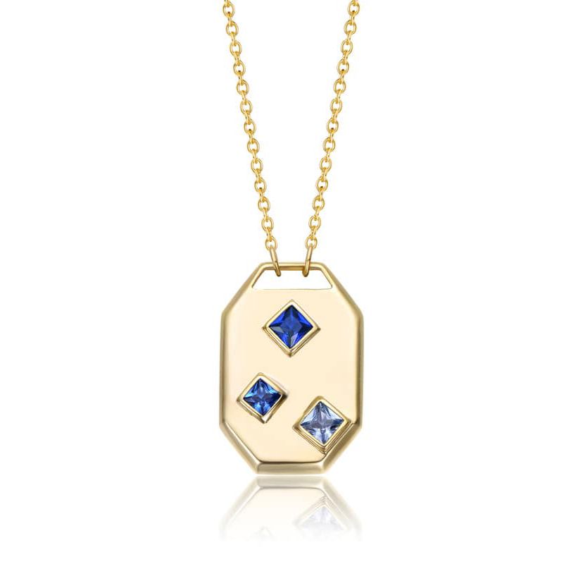 Lab Created 14K Gold Plated with Blue Cubic Zirconia Geometric Dog Tag Pendant Necklace