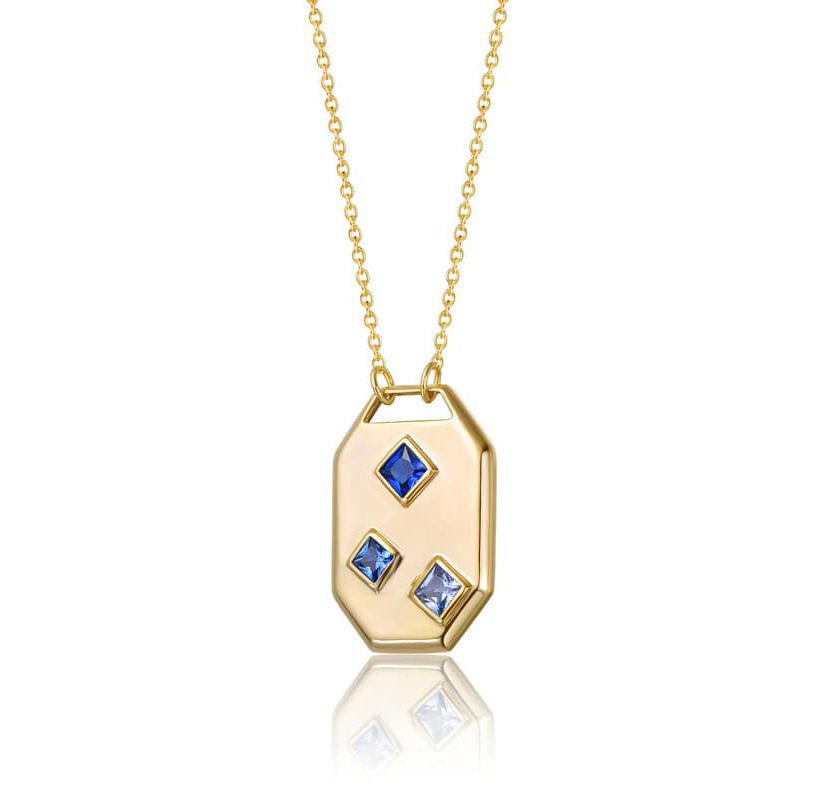 Lab Created 14K Gold Plated with Blue Cubic Zirconia Geometric Dog Tag Pendant Necklace