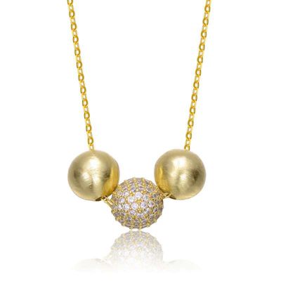 Rozzato Lab Created 14K Gold Plated with Clear Cubic Zirconia Matte & Bright Shine Bead Pendant Necklace