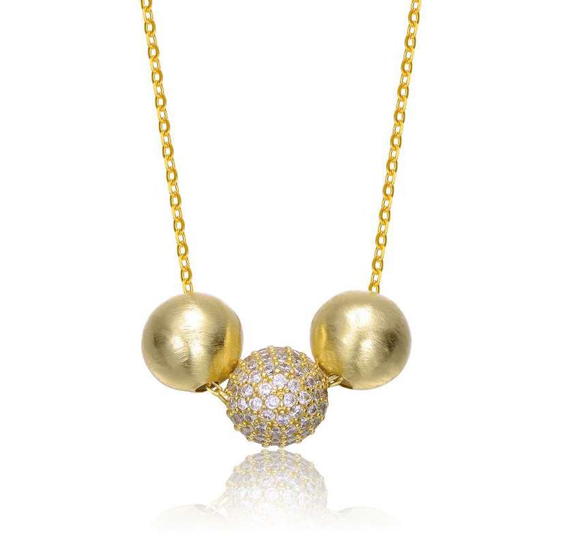 Lab Created 14K Gold Plated with Clear Cubic Zirconia Matte & Bright Shine Bead Pendant Necklace