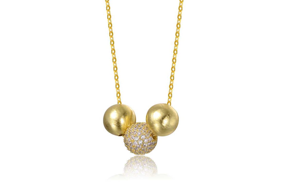 Lab Created 14K Gold Plated with Clear Cubic Zirconia Matte & Bright Shine Bead Pendant Necklace