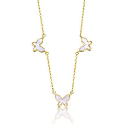 Rozzato Lab Created 14K Gold Plated with White Mother of Pearl Triple Charm Butterfly Necklace for Kids/Teens
