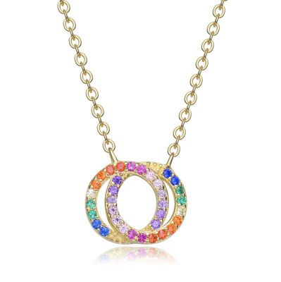 Rozzato Lab Created 14K Gold Plated with Multi-Colored Cubic Zirconia Double Circle Pendant Necklace for Kids/Teens