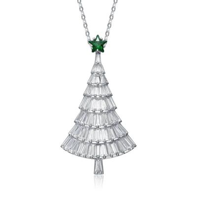 Rozzato Lab Created White Gold Plating with Clear & Emerald Green Cubic Zirconia Festive Christmas Tree Pendant/Brooch