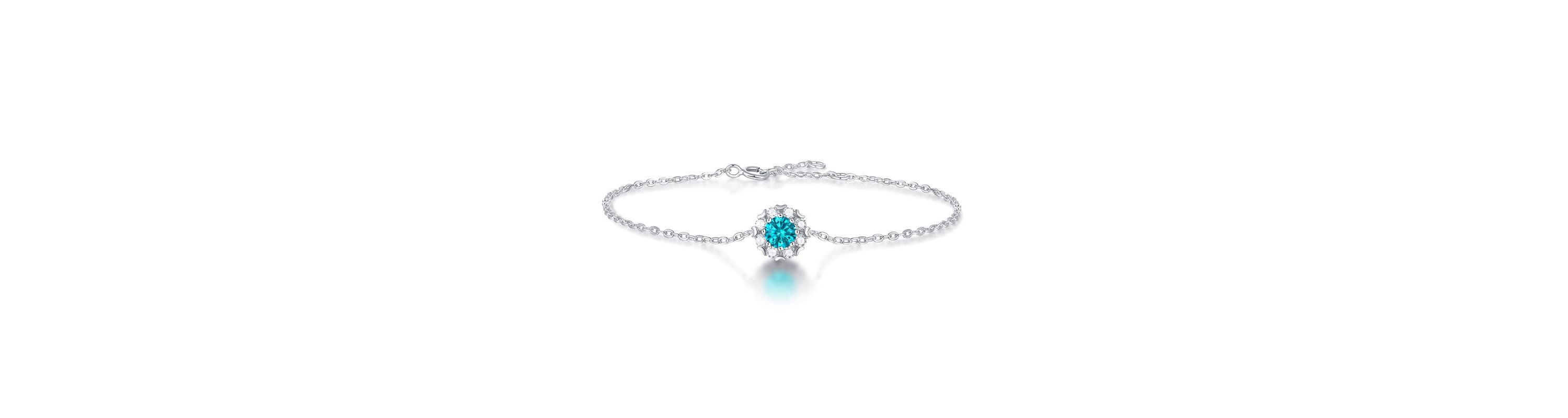 Sterling Silver White Gold Plated with 0.50ctw Lab Created Moissanite & Blue Topaz Round Halo Adjustable Station Charm Bracelet