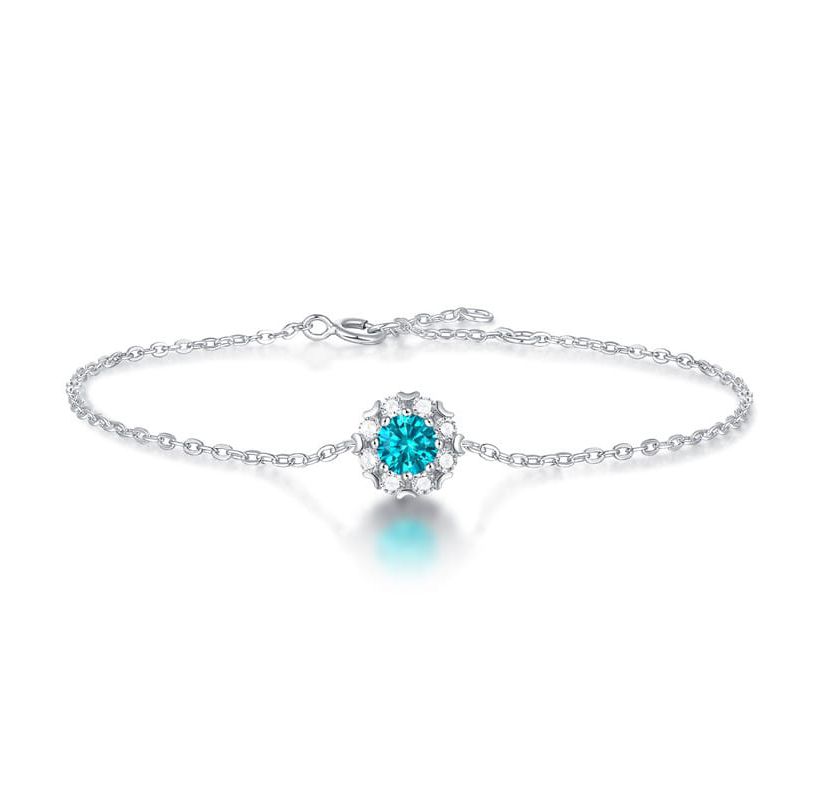 Sterling Silver White Gold Plated with 0.50ctw Lab Created Moissanite & Blue Topaz Round Halo Adjustable Station Charm Bracelet