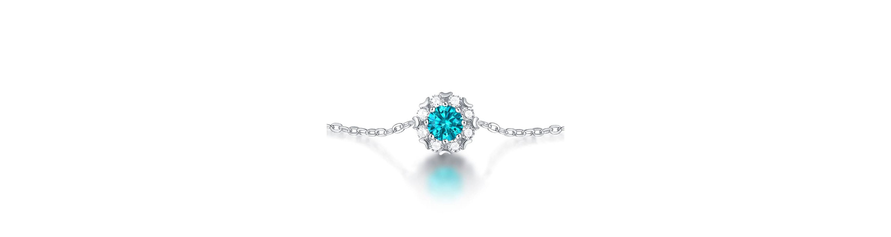 Sterling Silver White Gold Plated with 0.50ctw Lab Created Moissanite & Blue Topaz Round Halo Adjustable Station Charm Bracelet