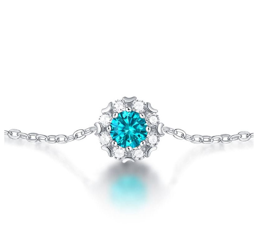 Sterling Silver White Gold Plated with 0.50ctw Lab Created Moissanite & Blue Topaz Round Halo Adjustable Station Charm Bracelet