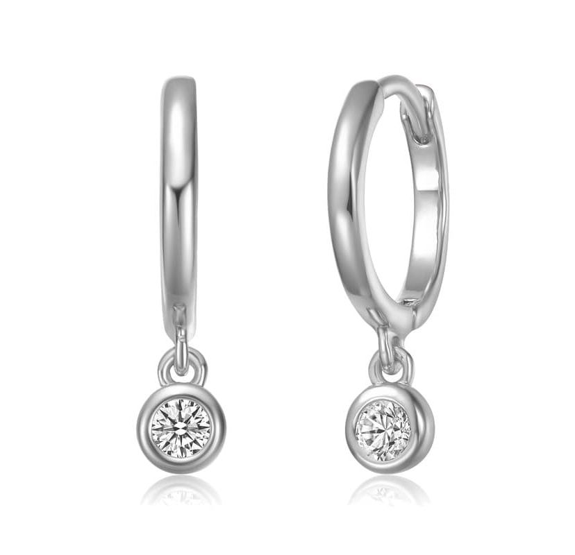 Sterling Silver White Gold Plated with Lab Created Moissanite Drop Solitaire Hoop Earrings