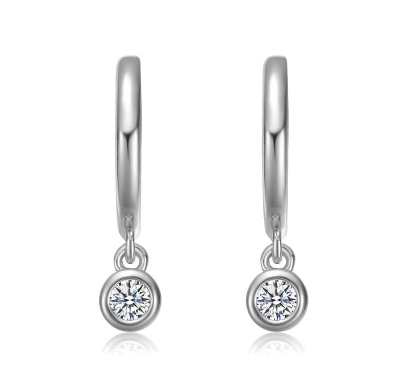 Sterling Silver White Gold Plated with Lab Created Moissanite Drop Solitaire Hoop Earrings