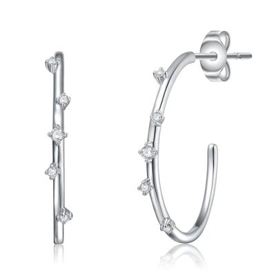 Rozzato Sterling Silver White Gold Plated with 0.09ct Lab Created Moissanite Station C-Hoop Earrings