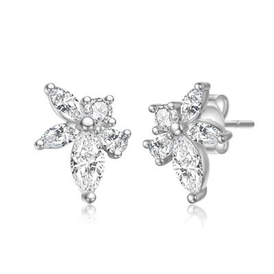 Rozzato Sterling Silver White Gold Plated with Lab Created Moissanite Leaf Cluster Stud Earrings