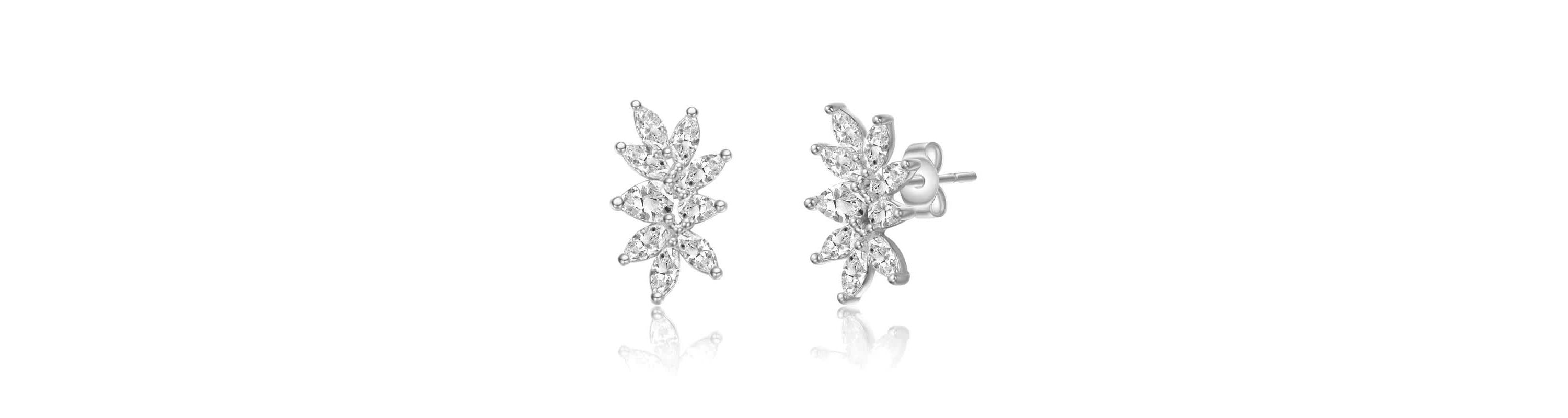 Sterling Silver White Gold Plated with Lab Created Moissanite Leaf Garden Cluster Stud Earrings