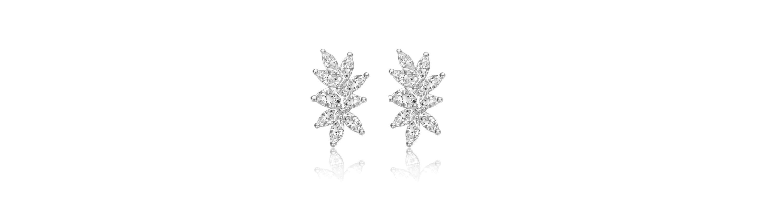 Sterling Silver White Gold Plated with Lab Created Moissanite Leaf Garden Cluster Stud Earrings