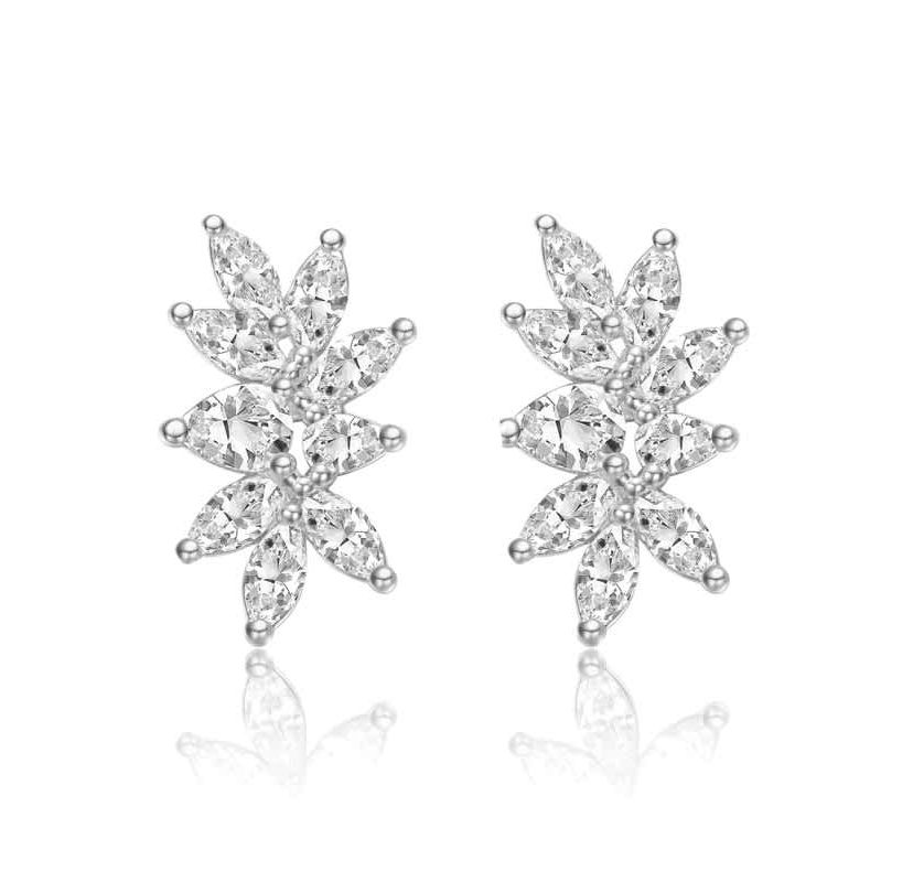 Sterling Silver White Gold Plated with Lab Created Moissanite Leaf Garden Cluster Stud Earrings