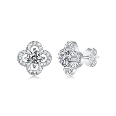 Rozzato Sterling Silver White Gold Plated with 0.50ctw Lab Created Moissanite Four-Leaf Halo Cluster Stud Earrings