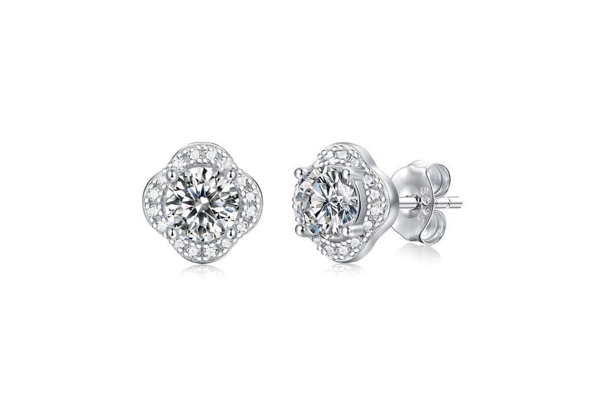 Sterling Silver White Gold Plated with 0.50ctw Lab Created Moissanite Round Halo Floral Cluster Stud Earrings