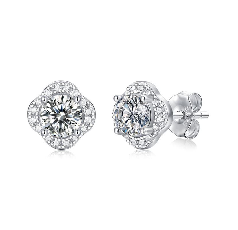 Sterling Silver White Gold Plated with 0.50ctw Lab Created Moissanite Round Halo Floral Cluster Stud Earrings