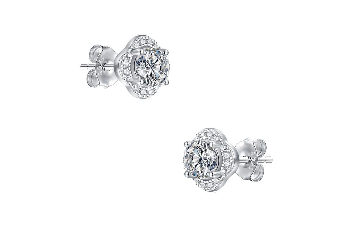 Sterling Silver White Gold Plated with 0.50ctw Lab Created Moissanite Round Halo Floral Cluster Stud Earrings
