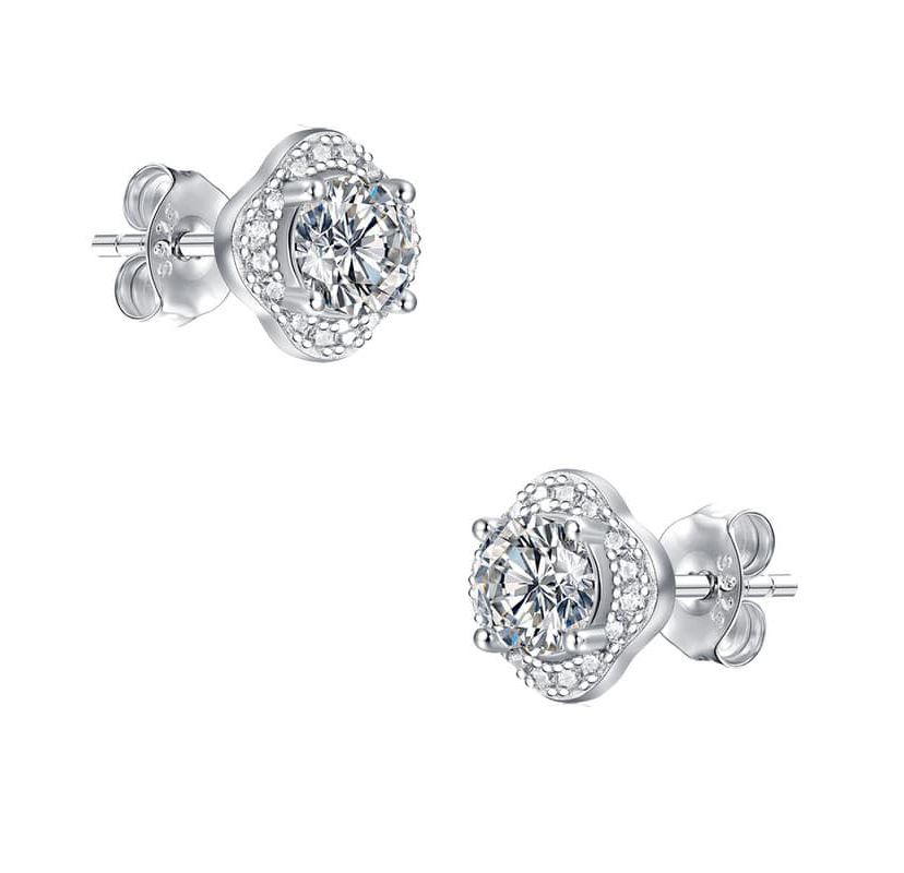 Sterling Silver White Gold Plated with 0.50ctw Lab Created Moissanite Round Halo Floral Cluster Stud Earrings