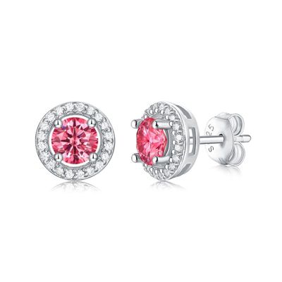 Rozzato Lab Created Sterling Silver White Gold Plating with 0.50 Lab-Grown Pink & White Moissanite Round Halo Stud Earrings