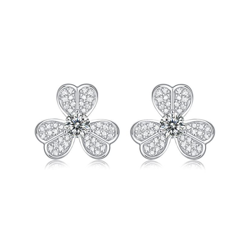 Sterling Silver White Gold Plated with 0.25ctw Lab Created Moissanite Blooming Flower Petal Stud Earrings