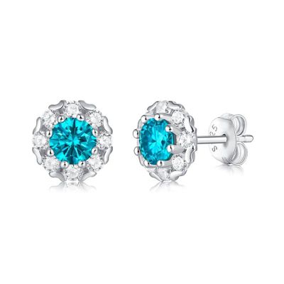 Rozzato Lab Created Sterling Silver White Gold Plated with 0.50ctw Lab-Created Moissanite & Blue Topaz Round Halo Stud Earrings