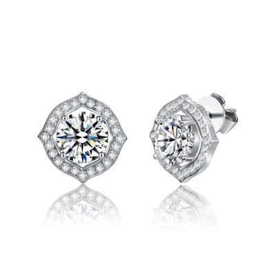Rozzato Sterling Silver White Gold Plated with 2.34ctw Lab Created Moissanite Round Geometric Halo Stud Earrings