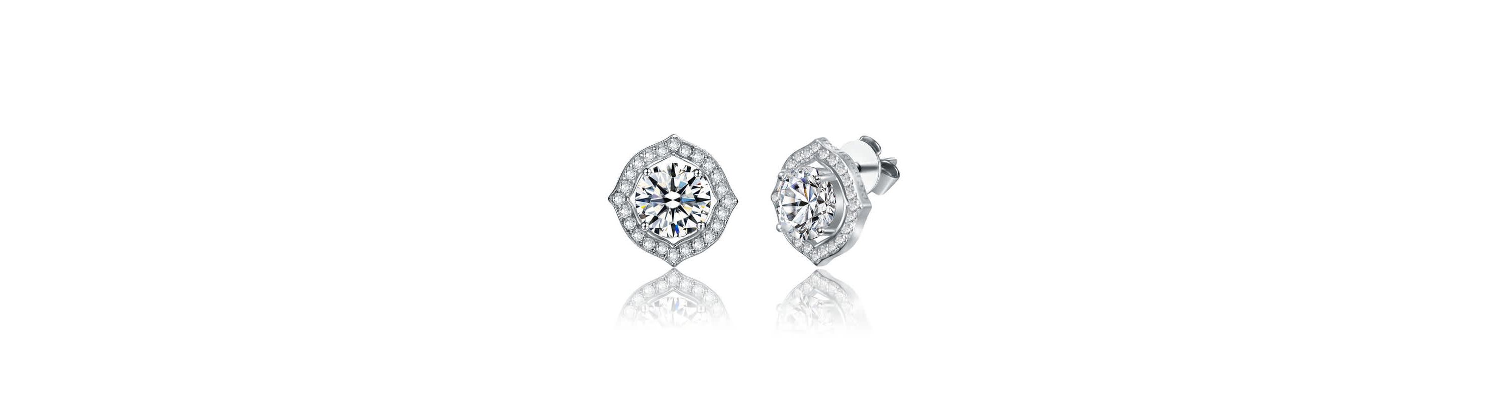Sterling Silver White Gold Plated with 2.34ctw Lab Created Moissanite Round Geometric Halo Stud Earrings