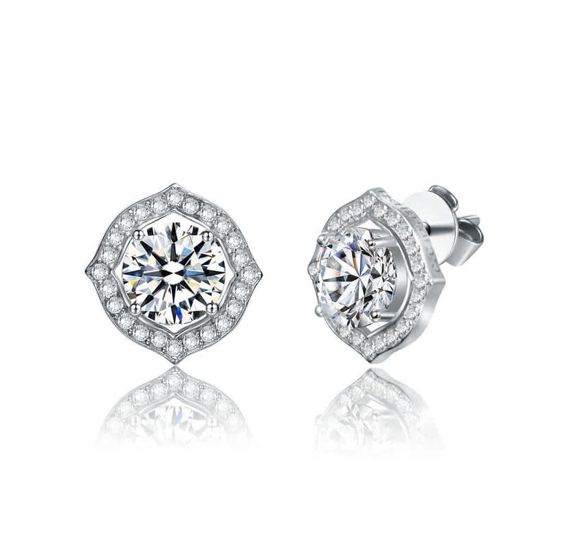 Sterling Silver White Gold Plated with 2.34ctw Lab Created Moissanite Round Geometric Halo Stud Earrings