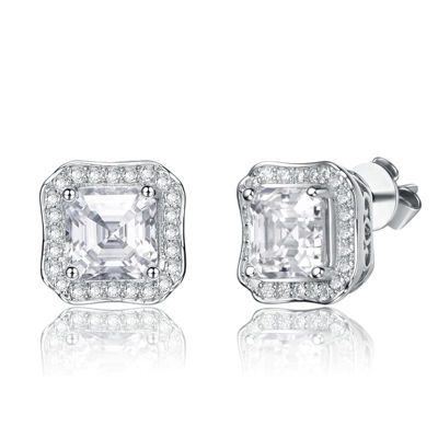 Rozzato Sterling Silver White Gold Plated with 2.50ctw Radiant Lab Created Moissanite Halo Vintage Geometric Square Stud Earrings