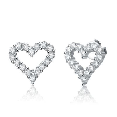 Rozzato Sterling Silver Whote Gold Plated with 1ctw Lab Created Moissanite French Pave Heart Halo Stud Earrings