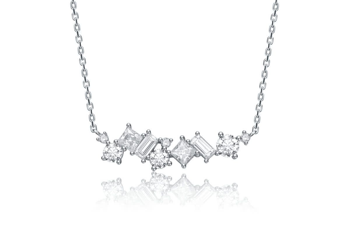 Sterling Silver White Gold Plated with Lab Created Moissanite Cluster Cascade Necklace