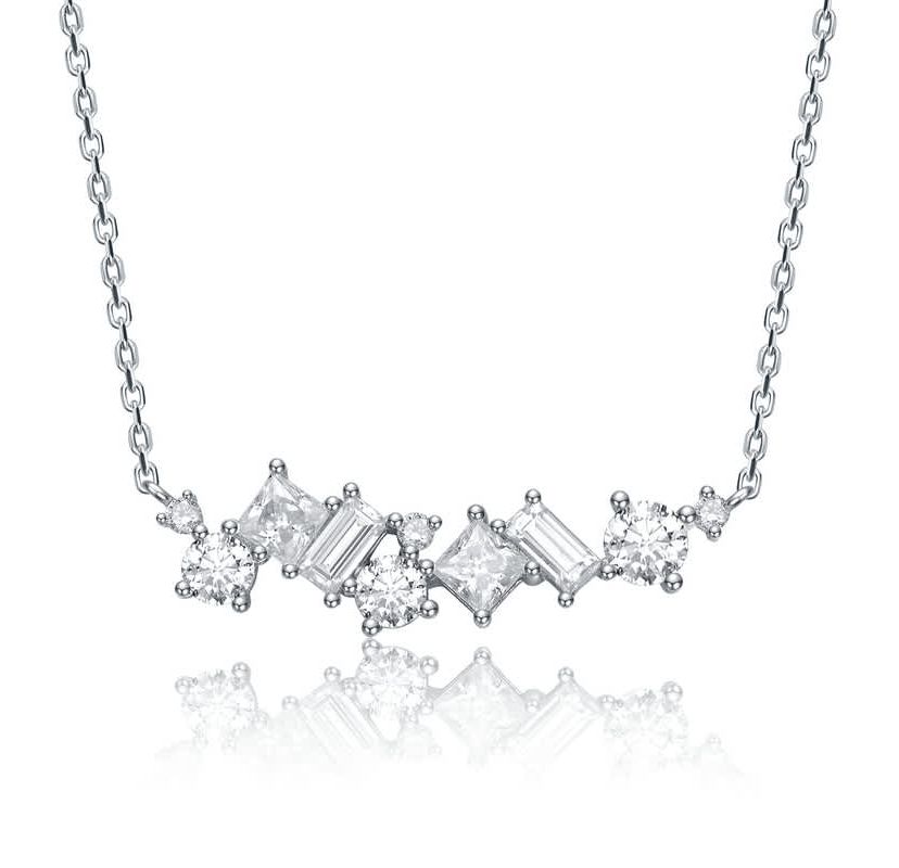 Sterling Silver White Gold Plated with Lab Created Moissanite Cluster Cascade Necklace