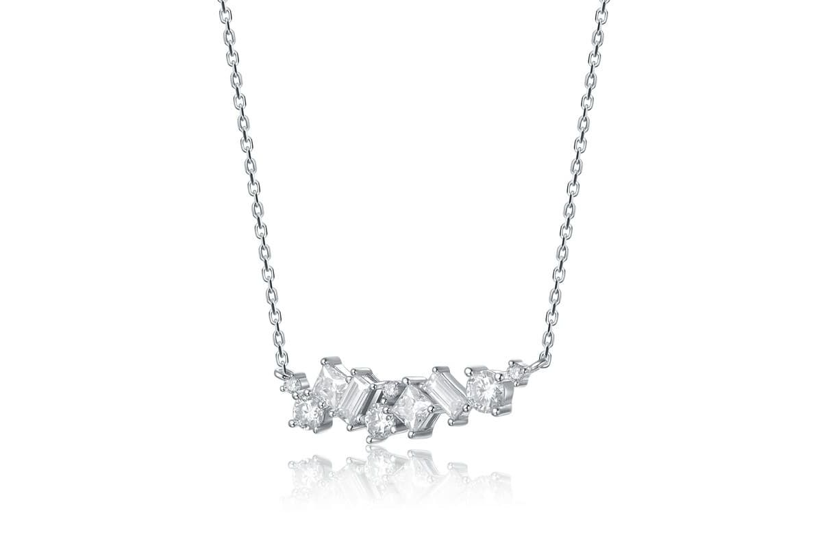 Sterling Silver White Gold Plated with Lab Created Moissanite Cluster Cascade Necklace